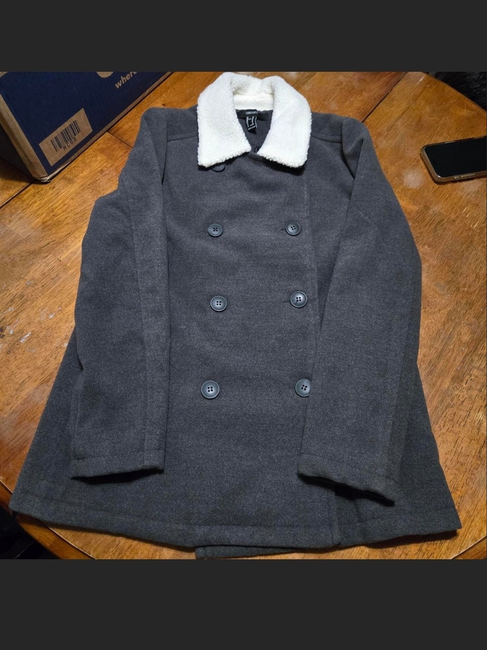 Forever 21 Charcoal Peacoat with Cream Sherpa Collar